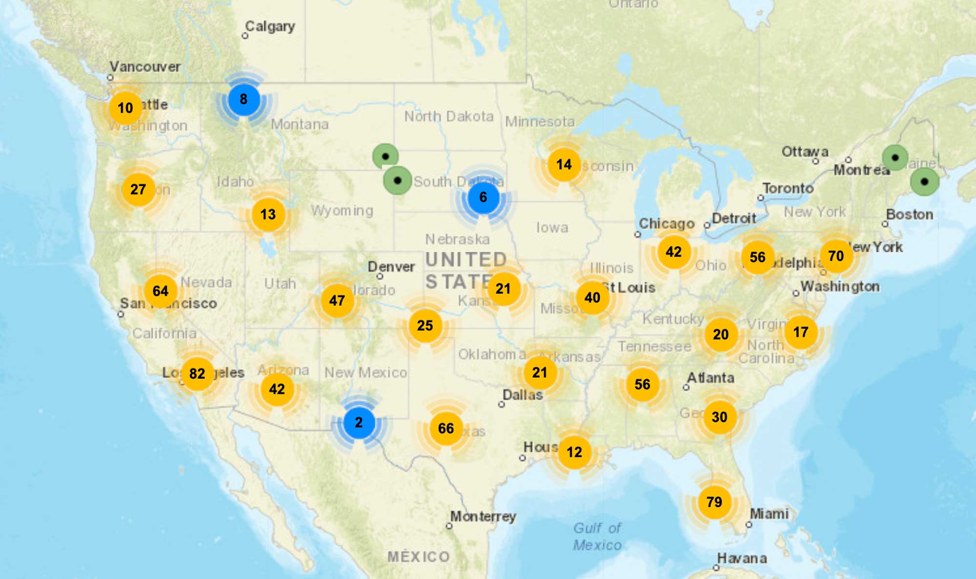 A map displaying the flight schools near major cities in the United States